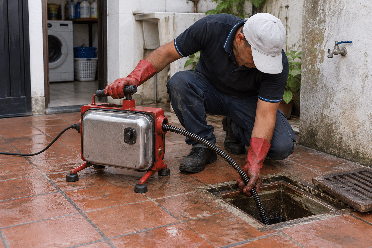 Trabajo de destapación de cañerías cloacales con máquina